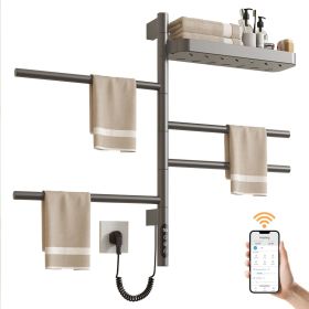 SIOYIE Smart Rotating Heated Towel Rack for Bathroom, Wall-Mounted Electric Towel Dryer with Swivel Bars & Shelf, Smart Timer, Low Carbon Steel (Main Material: Carbon steel, Main Color: Gray)