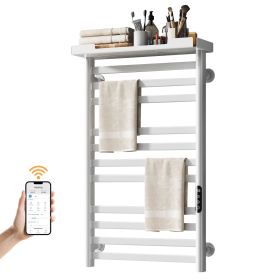 SIOYIE Heated Towel Rack with Shelf and Wi-Fi App Control, 11 Bars Electric Wall Mounted Towel Warmer with Timer & Adjustable Temperature (Main Material: Carbon steel, Main Color: White)