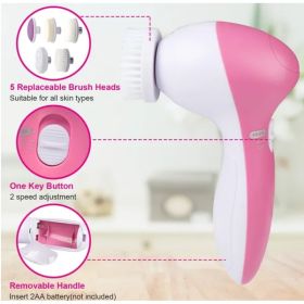 Facial Cleansing Brush Waterproof Face Spin Cleaning Brush With 5 Brush Heads (Option: Pink)